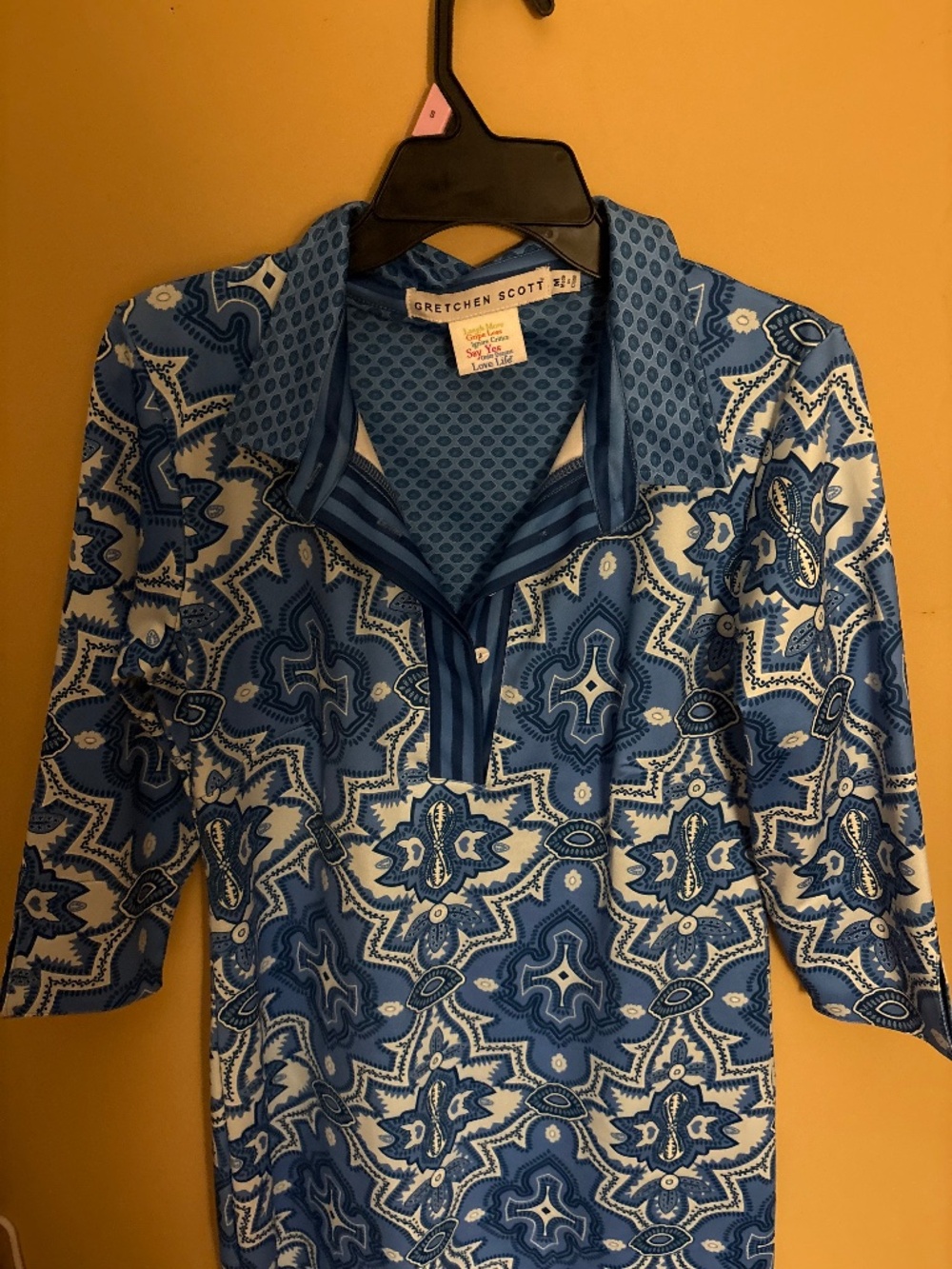 Blue and white patterned dress Gretchen Scott brand